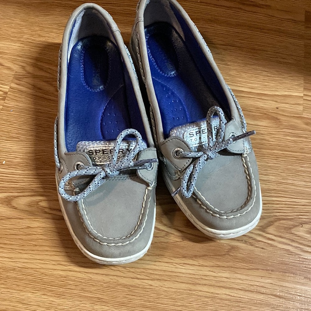 Sperry Taupe Leather Boat Shoes with Blue Insoles